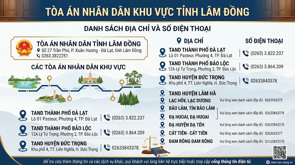 Địa chỉ và số điện thoại các Tòa án nhân dân khu vực tỉnh Lâm Đồng